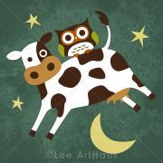 51R Retro Owl and Cow Jumping over Moon 6 x 6 Print