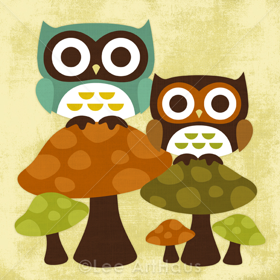 2r Retro Owls On Mushrooms 6x6 Print