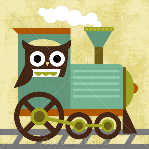 70r Retro Owl And Train 6 X 6 Print